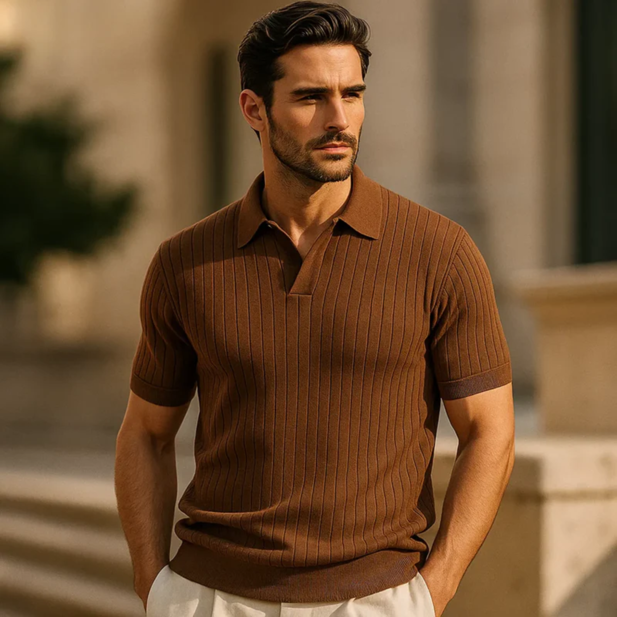 Polo con Cuello en V a Rayas Verticales